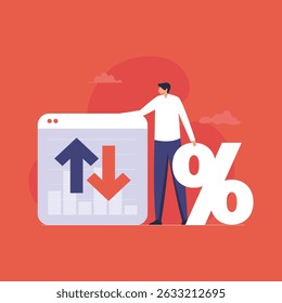 Businessman showing up and down arrow with graph, ROI rate of interest and Business finance, home loan concept