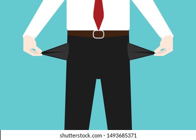 Businessman showing empty pockets. cartoon concept vector illustration.