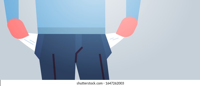 businessman showing empty pockets turning inside out no money financial crisis business failure bankruptcy concept horizontal flat vector illustration