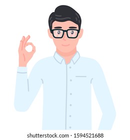 Businessman showing a gesture Okay. Office employee doing positive gesture OK. Manager male personage in glasses agree emotion. Isolated vector illustration in cartoon flat style.