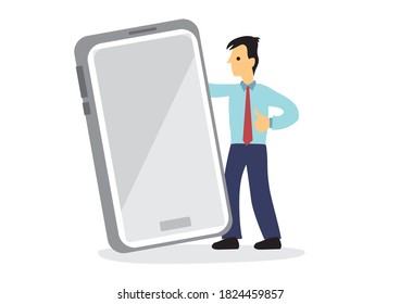 Businessman showing giant smartphone display. Flat character design with holding mobile device with empty display. Flat vector illustration