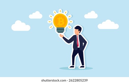 Businessman showing glowing bitcoin lamp illustration of showing maximum and optimal performance of bitcoin performance