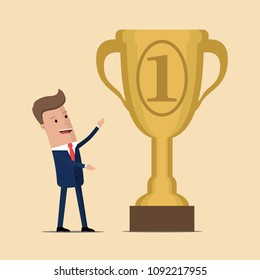 Businessman showing a gold cup award for successful. Vector illustration