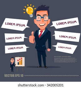 Businessman showing his thumb up with light bulb of idea. speech bubble creative thinking concept - vector illustration