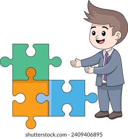 el empresario muestra su trabajo resolviendo problemas, presentando un rompecabezas, una caricatura de ilustración plana