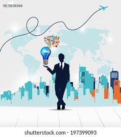 Businessman showing idea light bulb with cloud of colorful application. Vector illustration.