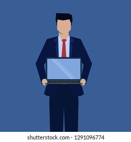 Businessman showing laptop screen for presentation.