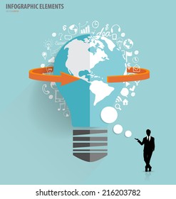 Empresario mostrando bombilla con nube de aplicación. Ilustración vectorial.