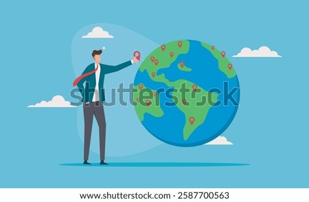 Businessman showing location pin on globe, ideal for travel and global business concepts. Cloudy background adds a sense of connection