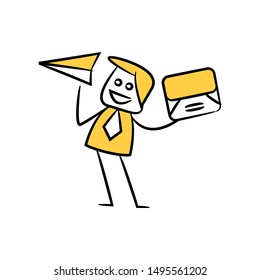 businessman showing mail and paper plane yellow stick figure