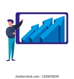 businessman showing mobile financial arrows