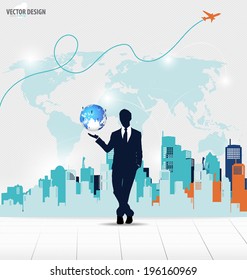 Businessman showing modern globe with cloud of colorful application. Vector illustration.