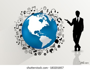 Businessman showing modern world globe with application icon, modern template design. Vector illustration.