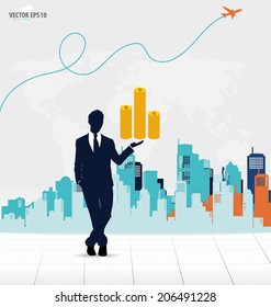 Businessman showing money with building background. Vector illustration.