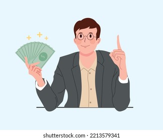 Businessman showing money cash dollars thumbs up.