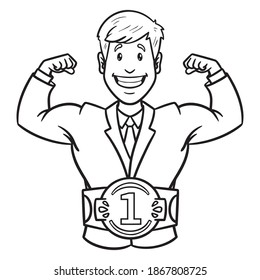 businessman showing muscles. winner belt, comic, outline, monochrome.