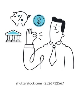 Businessman showing OK gesture with savings, bank, and dollar symbols. Doodle style with an editable strike.