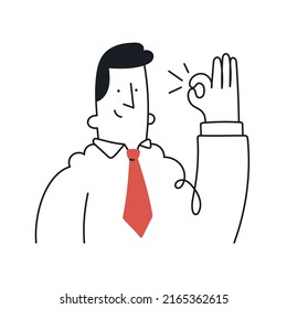 Businessman showing showing ok sign. Outline, linear, thin line, doodle art. Simple style with editable stroke.