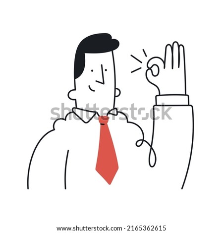 Businessman showing showing ok sign. Outline, linear, thin line, doodle art. Simple style with editable stroke.