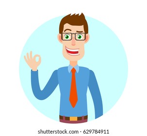 Businessman showing a okay hand sign. Portrait of Cartoon Businessman Character. Vector illustration in a flat style.