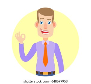 Businessman showing a okay hand sign. Portrait of Cartoon Businessman Character. Vector illustration in a flat style.