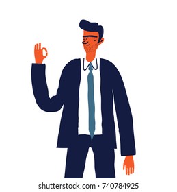 Businessman showing a okay hand sign. Cartoon businessman character. Vector illustration.