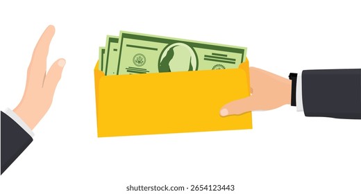 Empresário mostrando palma ao recusar gestos. Recusando o dinheiro oferecido em um envelope. Cena de corrupção ilegal suborno transferência de dinheiro. Ilustração vetorial