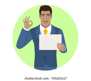 Businessman showing a a paper and  show a okay hand sign. Portrait of Black Business Man in a flat style. Vector illustration.