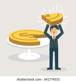 A businessman showing a piece of money. Marketing concept illustration.