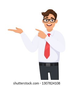 Businessman showing and pointing hand to copy space side away, concept of advertisement product, introduce something. Man shows presenting gesture or sign. Cartoon illustration in white background.