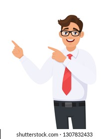 Businessman showing and pointing hand to copy space side away, concept of advertisement product,introduce something. Man shows presenting gesture or sign. Cartoon illustration in white background.