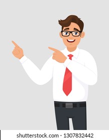 Businessman showing and pointing hand to copy space side away, concept of advertisement product,introduce something. Man shows presenting gesture or sign. Cartoon illustration in gray/grey background.