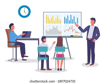 Businessman showing presentation with graph, chart on board. Cartoon character presenting financial plan, strategy. Worker presenting graphical analysis. Executive businessperson with presentation