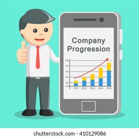 Businessman showing progress in smartphone and thumb up