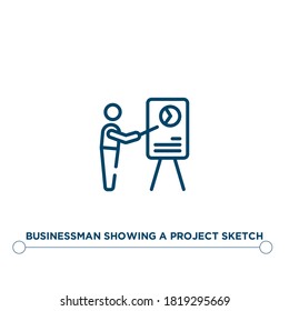 businessman showing a project chart outline vector icon. simple element illustration. businessman showing a project sketch outline icon from editable business concept. can be used for web and mobile
