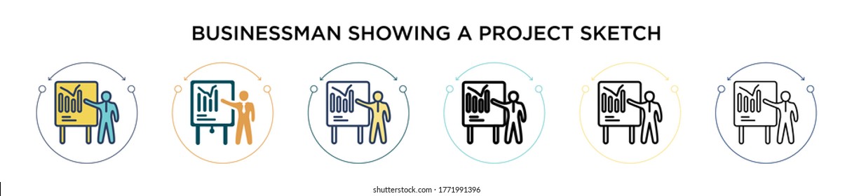 Businessman showing a project sketch icon in filled, thin line, outline and stroke style. Vector illustration of two colored and black businessman showing a project sketch vector icons designs can be