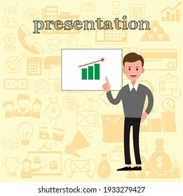 businessman showing a project vector flat illustration, presentation business vector illustration