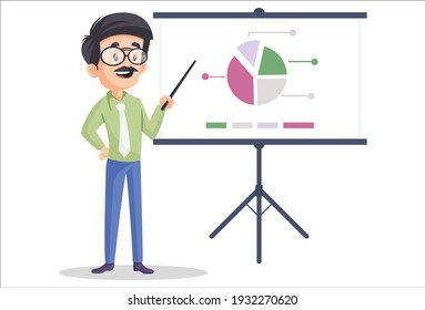 Businessman is showing report on graph chart. Vector graphic illustration. Individually on a white background.