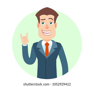 Businessman showing Rock and Roll sign. Portrait of Cartoon Businessman Character. Vector illustration in a flat style.