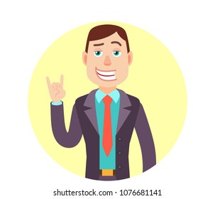 Businessman showing Rock and Roll sign. Portrait of Cartoon Businessman Character. Vector illustration in a flat style.