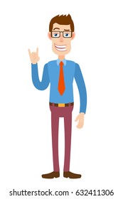 Businessman showing Rock and Roll sign. Full length portrait of Cartoon Businessman Character. Vector illustration in a flat style.