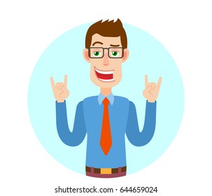 Businessman showing Rock and Roll sign. Portrait of Cartoon Businessman Character. Vector illustration in a flat style.