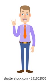 Businessman showing Rock and Roll sign. Full length portrait of Cartoon Businessman Character. Vector illustration in a flat style.