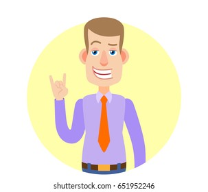 Businessman showing Rock and Roll sign. Portrait of Cartoon Businessman Character. Vector illustration in a flat style.