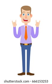 Businessman showing Rock and Roll sign. Full length portrait of Cartoon Businessman Character. Vector illustration in a flat style.