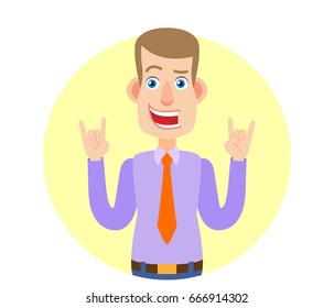 Businessman showing Rock and Roll sign. Portrait of Cartoon Businessman Character. Vector illustration in a flat style.