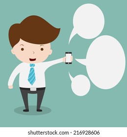 Businessman showing smartphone with bubble chat.