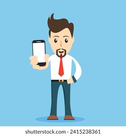 Businessman showing the smartphone cartoon vector illustration. Man holding a phone cartoon