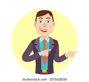 Businessman showing something beside of him. Portrait of Cartoon Businessman Character. Vector illustration in a flat style.