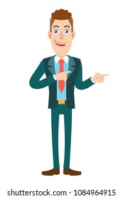 Businessman showing something beside of him. Full length portrait of Cartoon Businessman Character. Vector illustration in a flat style.